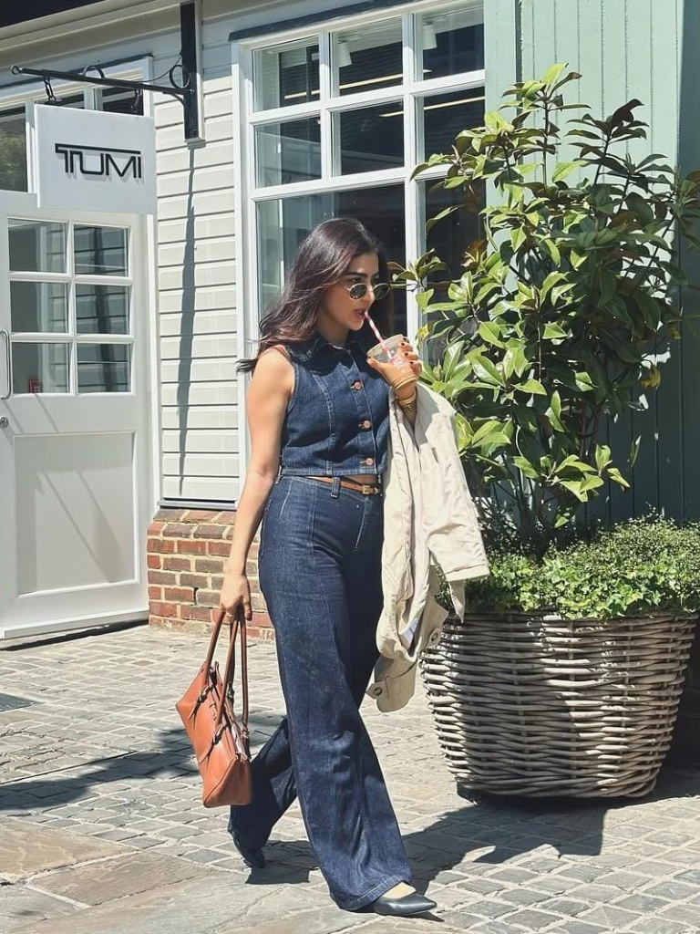 A girl in a denim set